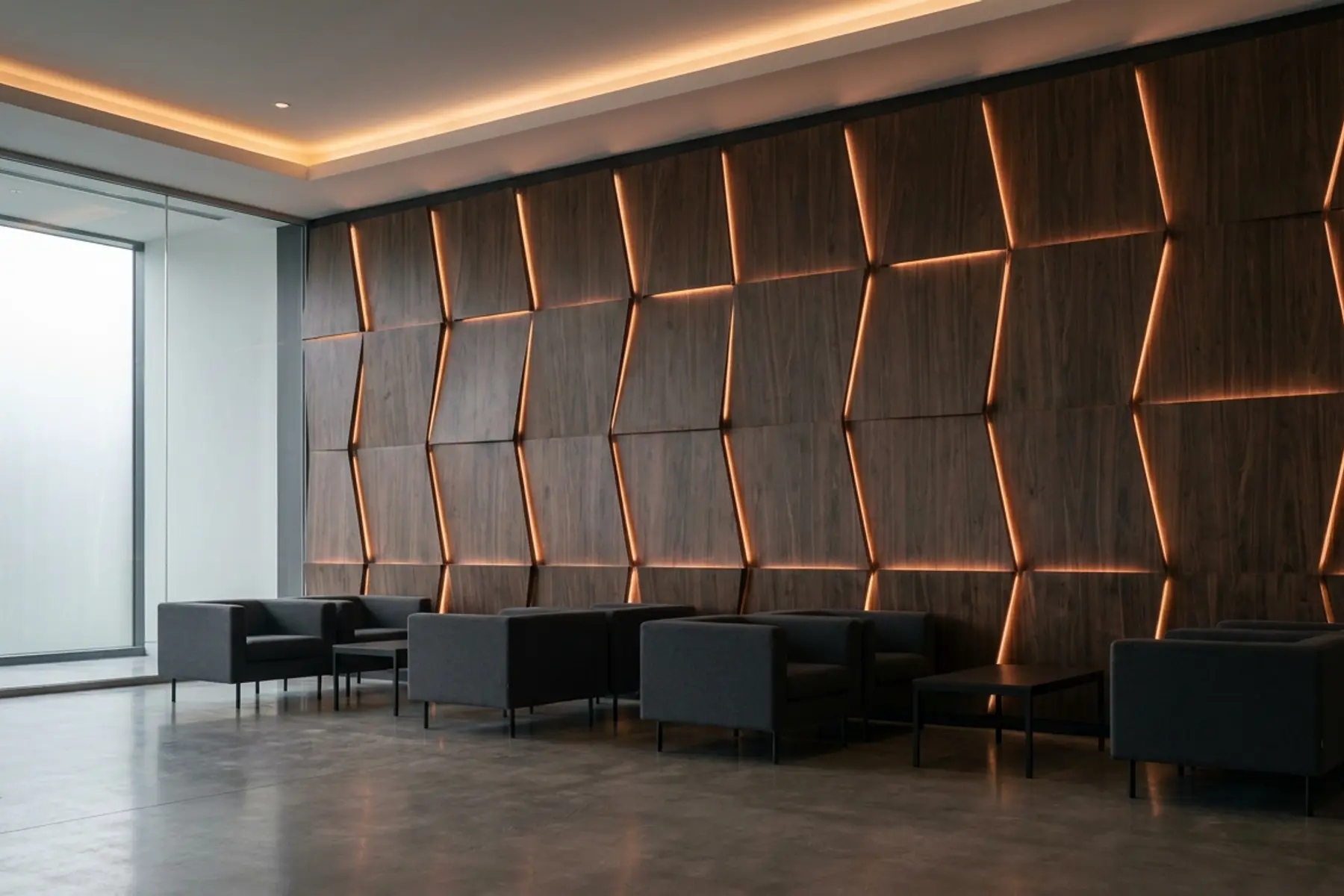 Lobby corporativo con revestimiento wall panel de nogal e iluminación LED decorativa